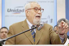 Ramon Aveledo, secretary of the Venezuelan coalition of opposition parties, speaks during a news conference in Caracas