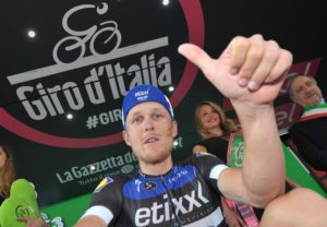 Italian rider Matteo Trentin of Etixx Quick Step team celebrates on the podium after winning the 18th stage of the Giro d'Italia 2016 cycling race, from Muggio' to Pinerolo over 240 km, Italy, 26 May 2016. ANSA/LUCA ZENNARO