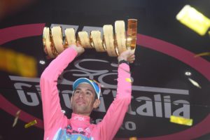 Italian rider of Astana Team Vincenzo Nibali celebrates on the podium after winning the Giro d'Italia 2016, Turin, 29 May 2016. ANSA/CLAUDIO PERI