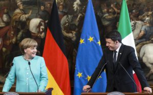 Italian Premier Matteo Renzi with German Chancellor Angela Merkel during a press conference after a bilateral meeting, in Rome, Thursday, May 5, 2016.  ANSA/ANGELO CARCONI