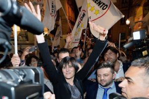 New Turin's Mayor, Chiara Appendino of the anti-establishment Five Star Movement (Movimento Cinque Stelle, M5S) political party celebrates her victory with supporters in Turin, Italy, 20 June 2016.  EPA/ALESSANDRO DI MARCO