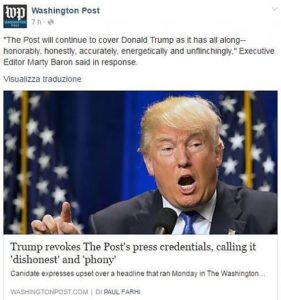 Usa 2016, Trump contro Washington Post: ritirato accredito ai giornalisti
