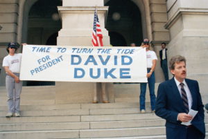 Former Ku Klux Klan leader David Duke formally announces on the steps of the Capitol in Atlanta  that he is a candidate for the Democratic nomination for president of the United States, June 9, 1987. (AP Photo/Linda Schaefer) ORG XMIT: APHS306773
