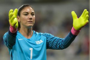Goalkeeper Hope Solo of USA gestures during the women's first round group G match between USA and New Zealand of the Rio 2016 Olympic Games Soccer tournament at the Mineirao stadium in Belo Horizonte, Brazil, 16 August 2016.  EPA/DANIEL OLIVEIRA