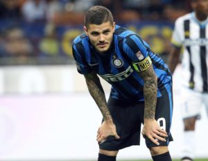 Fc Inter's forward  Mauro Icardi reacts during the Italian serie A soccer match between Fc Inter and Udinese at Giuseppe Meazza stadium in Milan, 23  April 2016.  ANSA / MATTEO BAZZI