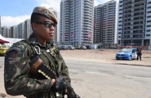 Brazilian army personnel are seen outside the Rio Olympic Games Athletes Village in Rio de Janeiro, Brazil, Sunday, July 31, 2016. The Rio 2016 Olympic Games take place from 05 to 21 August.  EPA/DAVE HUNT 