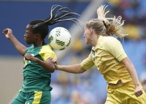 Linda Sembrant (R) of Sweden in action against Sanah Mollo of South Africa  during the women's first round match between Sweden and South Africa of the Rio 2016 Olympic Games Soccer tournament at the Olympic Stadium in Rio de Janeiro, Brazil, 03 August 2016.  EPA/YOAN VALAT