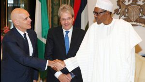 President Buhari with Hon. Paolo Gentiloni Silveri Minister of Foreign Affairs and International Cooperation and Domenico Nanzione Minister of State Foreign Affairs and International Cooperation, Italy