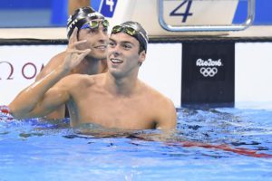 The italian swimmer Gregorio Paltrinieri Gold medal, behind him  the italian  Gabriele Detti bronze medal winner of the men's 1500m Freestyle Final race of the Rio 2016 Olympic Games Swimming events at Olympic Aquatics Stadium at the Olympic Park in Rio de Janeiro, Brazil, 14 August 2016 Ansa / Ciro Fusco