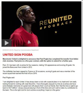 Il Manchester United ufficializza l'acquisto di Paul Pogba, in una nota pubblicata sul suo sito, 9 agosto 2016. ANSA / WEB