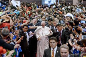 Pope Francis arrives at the second World Meeting of Popular Movements in Santa Cruz, Bolivia,  09 July 2015.  ANSA / CIRO FUSCO