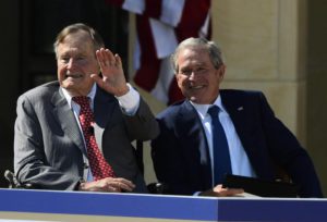 Former President George W. Bush (R) along with his father Former George H.W. Bush (L) at the ceremonial dedication of the George W. Bush Presidential Library on the campus of Southern Methodist University in Dallas, Texas, 25 April 2013.  EPA/LARRY W. SMITH