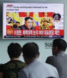 People watch a TV news program showing North Korean leader Kim Jong Un at the Seoul Railway Station in Seoul, South Korea, Friday, Sept. 9, 2016.  (ANSA/AP Photo/Ahn Young-joon)  