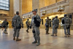Members of the U.S. Armed Forces stand guard in Grand Central Terminal, Sunday, Sept. 18, 2016, in New York. (ANSA/AP Photo/Mary Altaffer) 