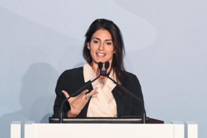 Rome's mayor Virginia Raggi during the ceremony to present the official logo of Uefa Euro Rome 2020, in Rome, Italy, 22 September 2016. ANSA/ALESSANDRO DI MEO