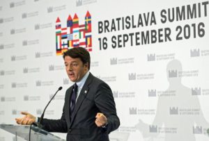 Italian Prime Minister Matteo Renzi give his closing press conference at the end of the EU's informal summit of the 27 heads of state or governments, in Bratislava, Slovakia, 16 September 2016. EPA/FILIP SINGER