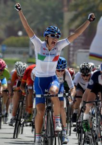 Elisa Balsamo of Italy celebrates while crossing the finish line to win the Women Junior Road Race over 74.5 km of the 2016 UCI Road Cycling World Championships in Qatar, Doha, 14 October 2016.  EPA/STR