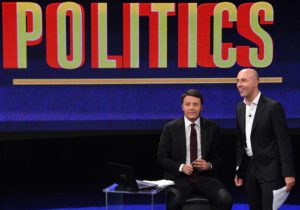 Italian Prime Minister Matteo Renzi host of the Raitre Tv program "Politics", conducted by journalist Gianluca Semprini (R), in Rome, Italy, 11 October 2016. ANSA/ALESSANDRO DI MEO