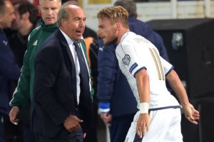 Ciro Immobile (R) of Italy celebrates with his coach Giampiero Ventura (L) after the FIFA World Cup 2018 qualifying soccer match between Macedonia and Italy at the Filip II Arena in Skopje, The Former Yugoslav Republic of Macedonia, 09 October 2016. Italy won 3-2.  ANSA/GEORGI LICOVSKI