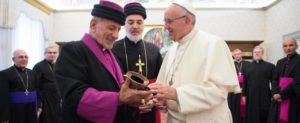 This picture provided by Vatican newspaper L'Osservatore Romano show Pope Francis (R) meets with Catholicos-Patriarch of the Assyrian Church of the East Mar Gewargis III in Vatican, 17 November 2016. ANSA/L'Osservatore Romano  -----------------------------------------------------------------------------------------