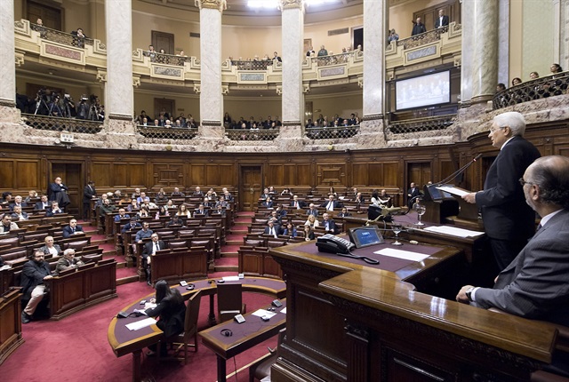 Il Presidente della Repubblica Sergio Mattarella nel corso del suo intervento a Camere riunite.