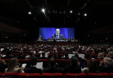 Vista dell'assemblea generale di Confindustra, sul maxischermo l presidente Vincenzo Boccia durante la sua relazione.