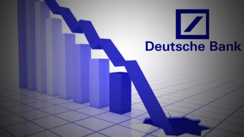 Grafico dei valori in caduta e logo della Deutsche Bank