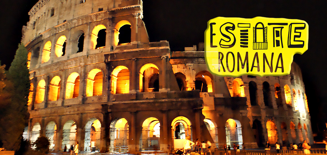 Il Colosseo illuminato di notte, e il logo dell'Estate Romana.