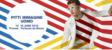 Il poster di Pitti Uomo 2018: predominano le righe ed il modello di bianco con occhiali da sole.