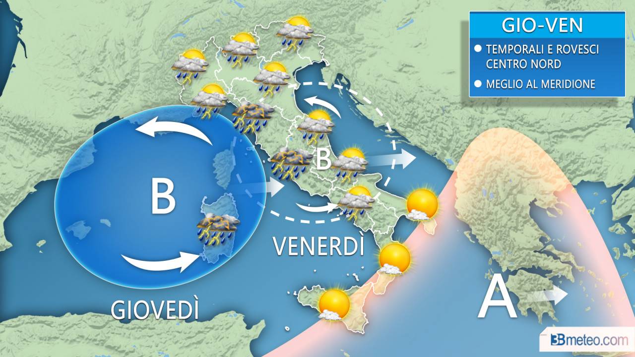 Cartina dell'Italia con le indicazioni meteo.