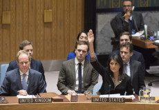 Nikki Haley, ambasciatrice USA alle Nazioni Unite con il braccio alzato durante una votazione.
