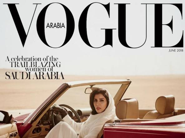 La principessa Hayfa bint Abdullah al Saud, alla guida di una decappottabile sulla prima pagina di Vogue.