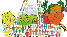 Immagine grafica di una borsa virtuale fatta di persone con dentro generi alimentari