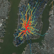 Una “heat map” che raffigura i principali flussi dei movimenti in bici a Manhattan