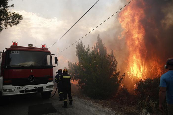 Un camion dei pompieri che cercano di spegnere un incendio forestale.