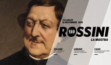 Il cartellone della mostra nelle tre città di Pesaro, Urbino e Fano con l'immagine di Rossini.