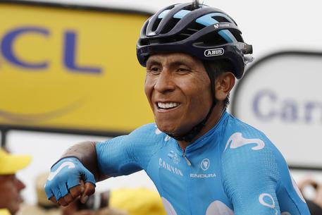 Un primo piano del colombiano Nairo Quintana felice all'arrivo.