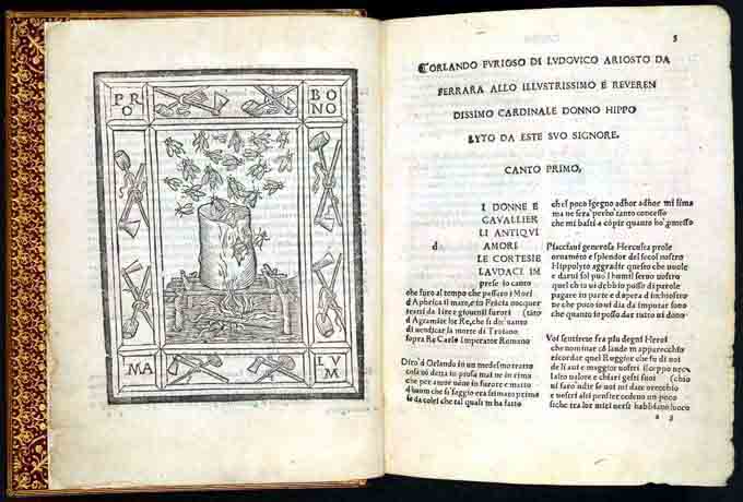 Uno dei libri esposti nella mostra 'Pio Rajna e Le fonti dell'Orlando Furioso'