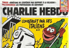 La copertina di Charlie Hebdo su crollo ponte: un immigrato pulendo con una ramazza le macerie del ponte.