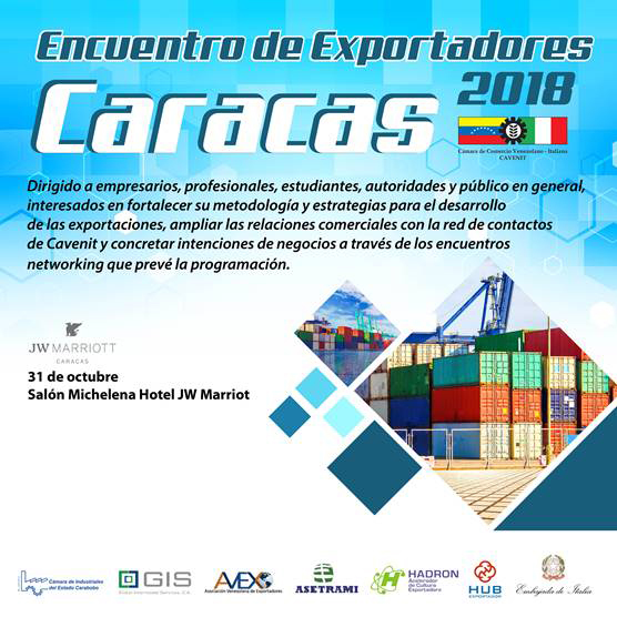 El Encuentro Exportadores Caracas 2018 ofrecerá un espacio para la consultoría directa entre participantes y expertos así como un encuentro networking para que los asistentes presenten sus ofertas de exportación. Contará con una variada programación en la que se tratarán todos los temas relacionados con este mercado.