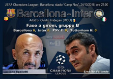 Il cartellone della sfida Inter e Barcellona con le immagini dei due allenatori. Spalletti