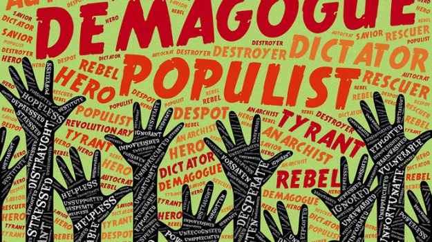 Il manifesto di Nature: mani alzate e le parole "Populism" in risalto. Populismo