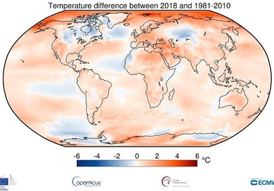 La mappa del mondo con l'indicazione delle differenze di temperature negli ultimi anni. Caldo