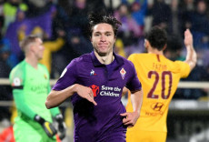 Federico Chiesa fa festa dopo il gol alla Roma nella partita di Coppa Italia Fiorentina - Roma.