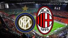 Il logo dell'Inter e del Milan sovrapposti allo stadio Meazza dove si disputerà il derby.