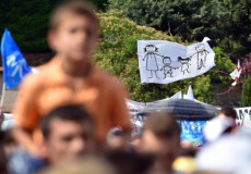Una momento di una manifestazione contro il ddl Cirinna', le unioni civili e quelle omosessuali a piazza San Giovanni, Roma. Famiglie