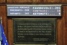 Il tabellone elettronico del Senato con il risultato del voto finale sull'esame dell disposizioni in materia di legittima difesa