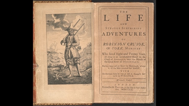 Una copia originale del libro Robinson Crusoe di Daniel Defoe.