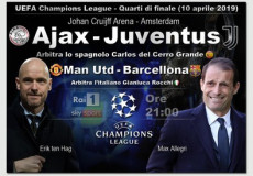 Tabellone di presentazione della partita Ajax- Juventus con la foto di Allegri.