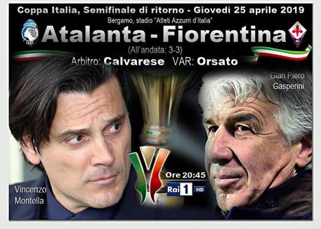 Tabellone di presentazione della Coppa Italia, semifinale: Atalanta-Fiorentina con le foto degli allenatori Gasperini e Montella.